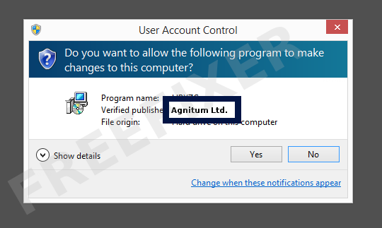 Screenshot where Agnitum Ltd. appears as the verified publisher in the UAC dialog